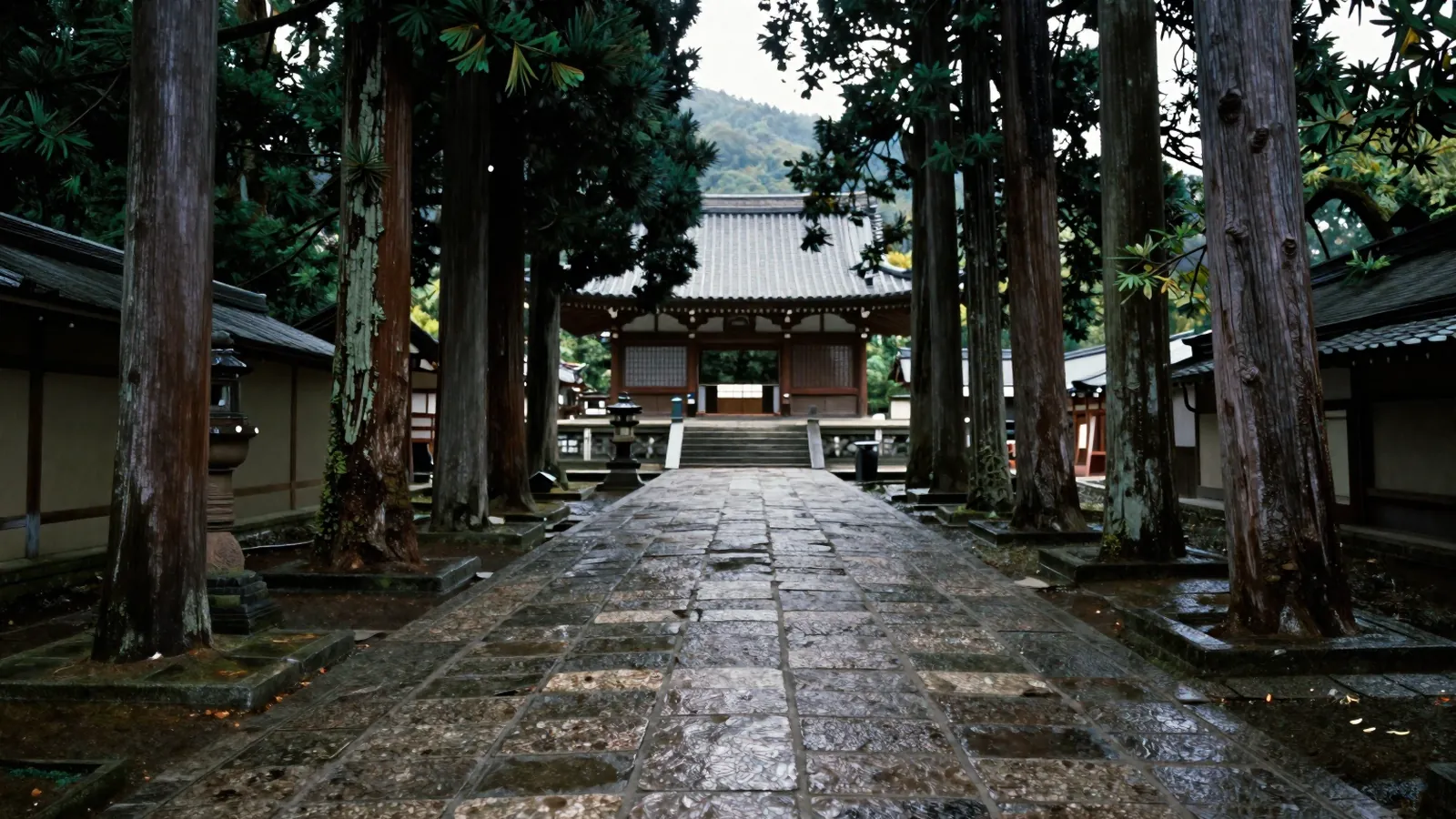 雨上がりの石畳の参道と杉並木
